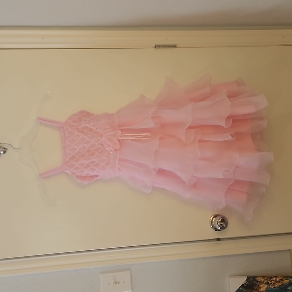 RICHIE HOUSE Pink Lattice Pearl Cascade Ruffle Chiffon Tie Back Party Dress - Picture 3 of 8